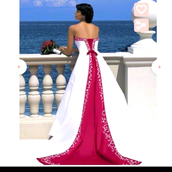 SOLD. Alfred Angelo Beaded Satin Wedding Gown with Red Trim - Picture 3 of 17